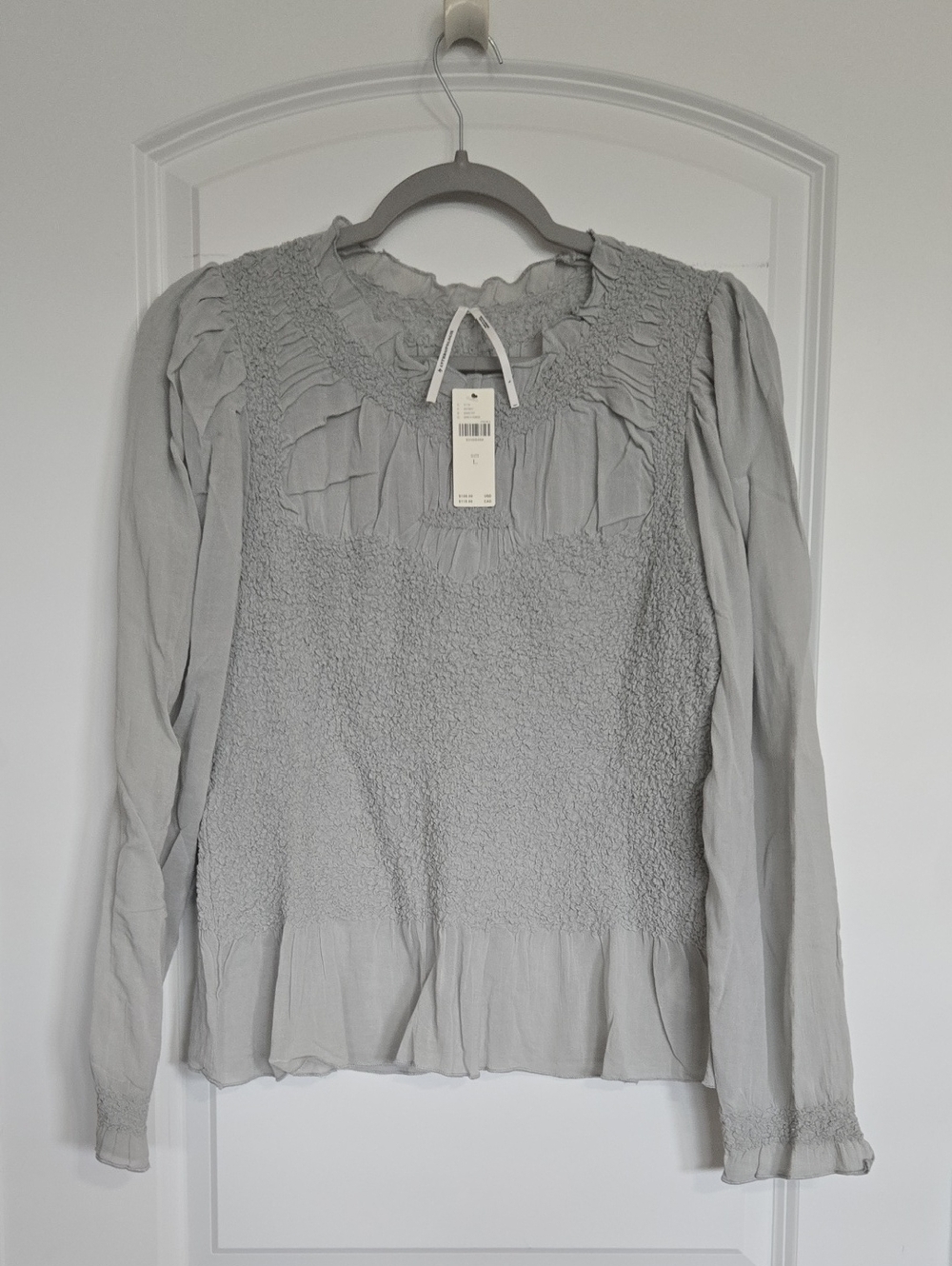 Anthropologie Light Gray Long-Sleeve Smocked Peasant Top NWT
